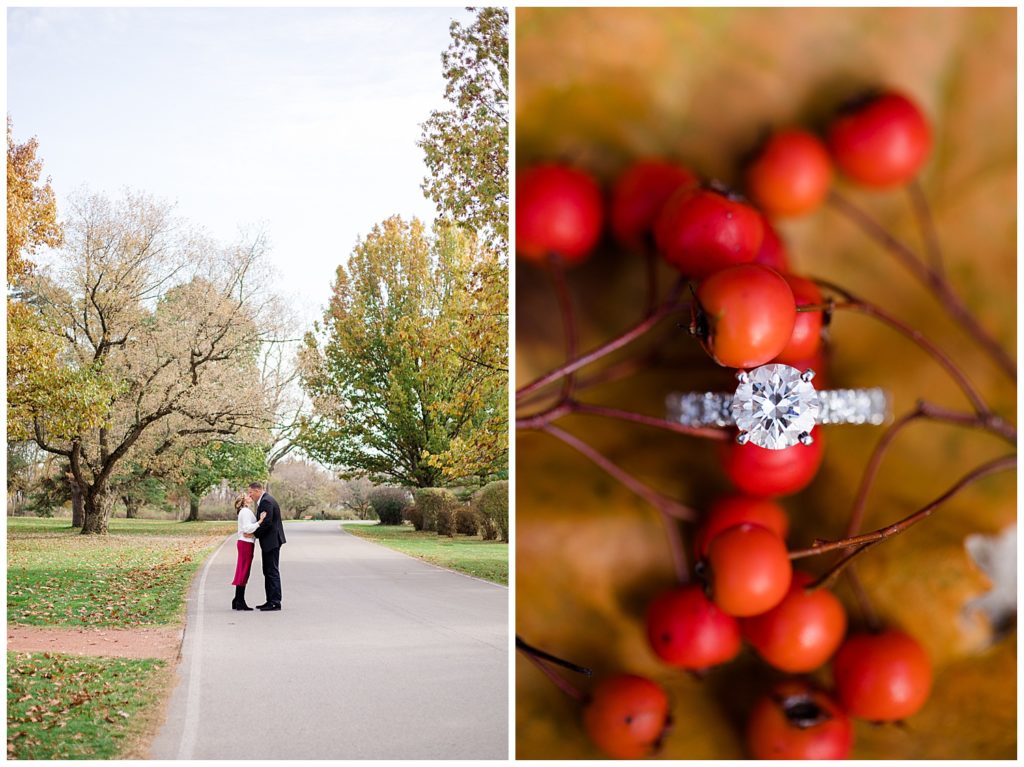 A picture of a long-range view of an engaged couple standing and kissing, surrounded by trees, and a closeup of the engagement ring resting on beautiful fall berries at Brookside Golf & Country Club by Columbus engagement photographer, Alayna Parker Photography