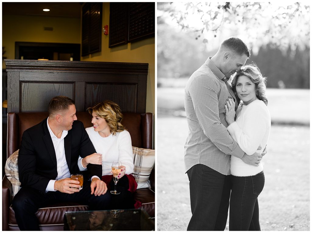 An image of an engaged couple sitting and talking in a classy, relaxed setting, and a view of the couple holding each other close at Brookside Golf & Country Club by Columbus Ohio engagement photographer, Alayna Parker Photography