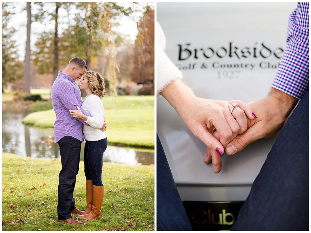 A picture of an engaged couple standing close, smiling and holding each other, and a view of their hands holding each other, showing the club name and the engagement ring at Brookside Golf & Country Club by Columbus engagement photographer, Alayna Parker Photography