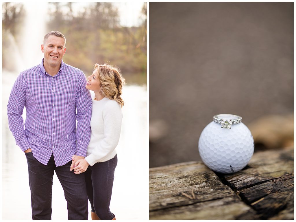 An image of an engaged couple standing close, smiling at each other, and a closeup view of the engagement ring resting on a golf ball at Brookside Golf & Country Club by Columbus Ohio engagement photographer, Alayna Parker Photography