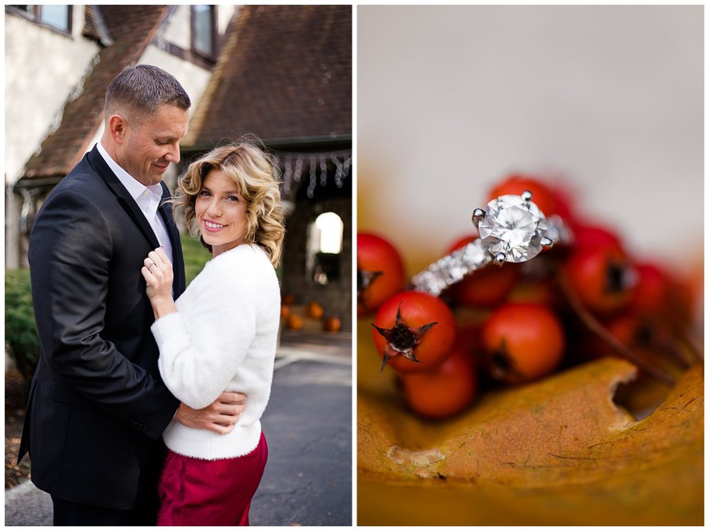 A photograph of an engaged couple holding each other close and smiling, also a closeup view of the engagement ring sitting on beautiful fall berries at Brookside Golf & Country Club by Columbus OH engagement photographer, Alayna Parker Photography