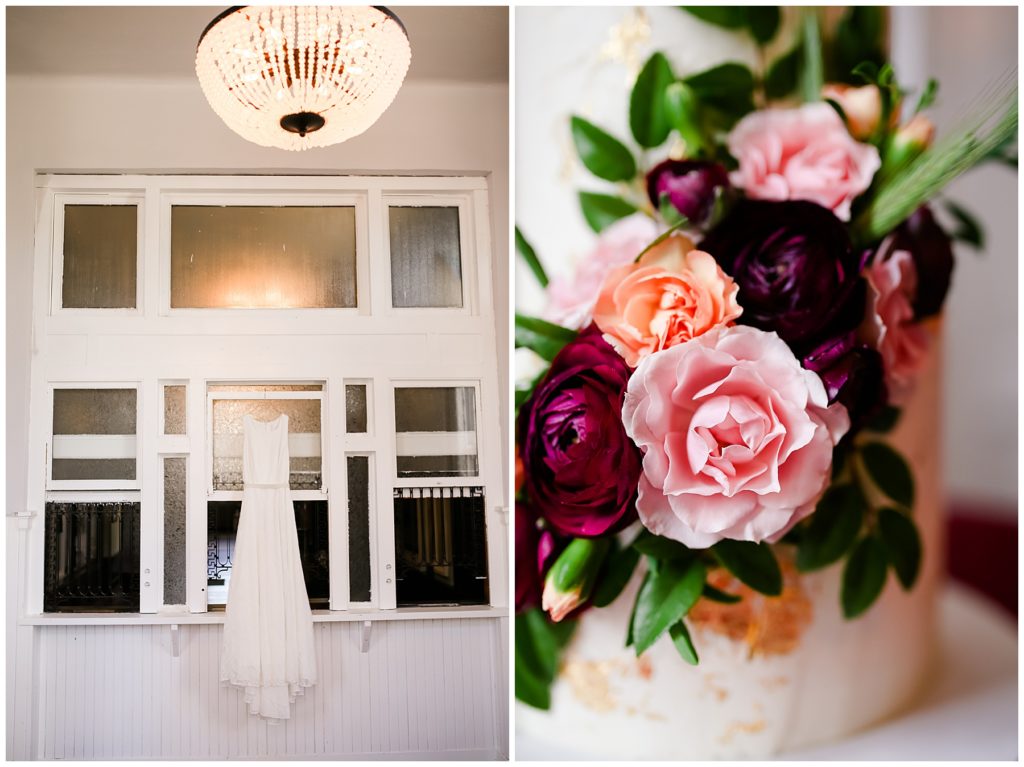wedding dress hanging on windows at the postmark