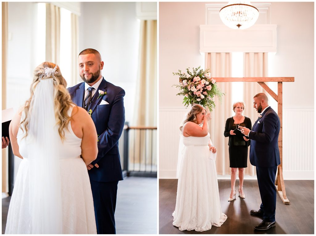 bride crying while groom reads vows at the postmark