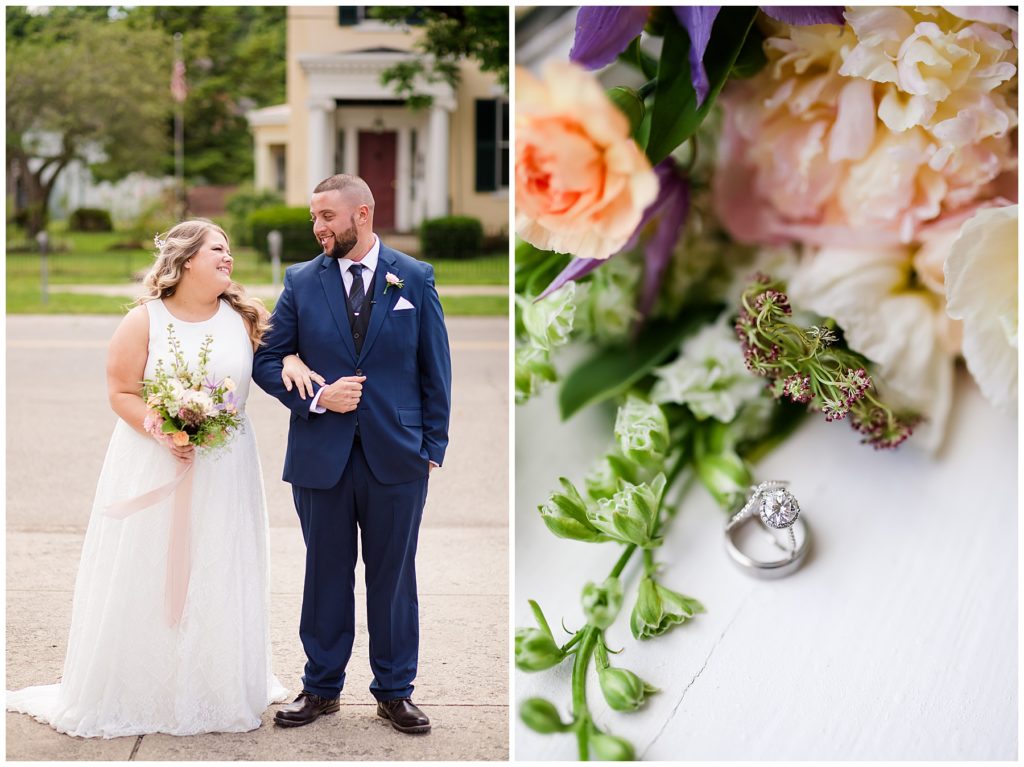 bride and groom smiling at each other outside at the postmark