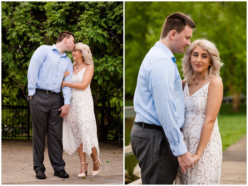 man kissing forehead of fiance at schiller park