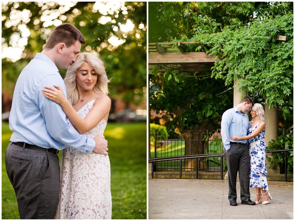 engaged couple looking at each other on ivy covered stage at schiller park