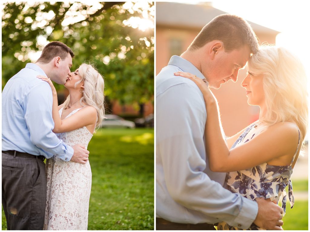 engaged couple touching foreheads with golden glow behind them at schiller park